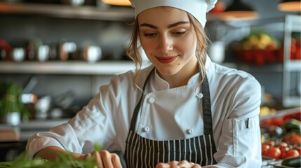 Female master chef explaining how to cut up vegetables. Generative AI. - obrazy, fototapety, plakaty