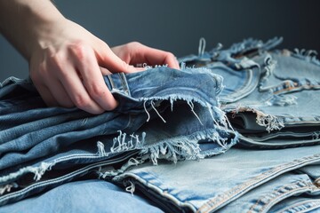 persons hand adjusting a frayed hem on folded jeans in a pile - obrazy, fototapety, plakaty