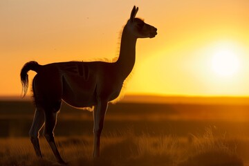 guanaco silhouette against the sunset on a horizon