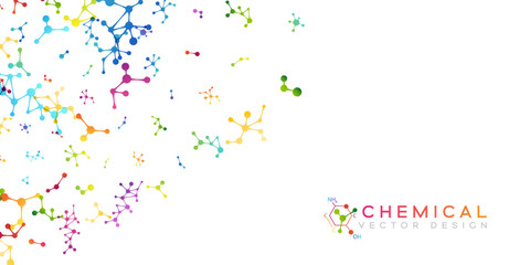Chemistry decoration element with colorful scattered molecules. Vector vertical corner with flow elements.