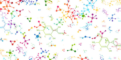 Chemistry decoration element with colorful scattered molecules and chemistry formulas. Vector textured background