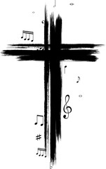 Cross silhouette in hand-painted style. Religion symbol  with flying music notes