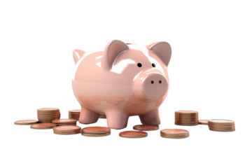 Piggy Bank on Pile of Coins. On a White or Clear Surface PNG Transparent Background..