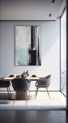 A black and white abstract painting hangs on the wall above a dining table