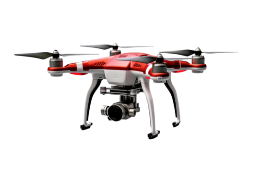 Red and White Remote Controlled Flying Device. On a White or Clear Surface PNG Transparent Background..