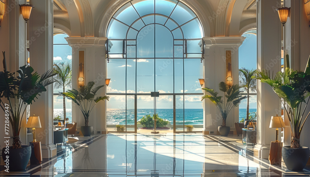 Aufkleber grand hotel lobby with panoramic window and ocean view. generative ai.