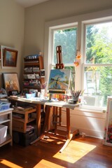 A dual-purpose work desk and art studio, with an easel, canvas, and paints, allowing for seamless transition between work and creative expression, Generative AI - obrazy, fototapety, plakaty