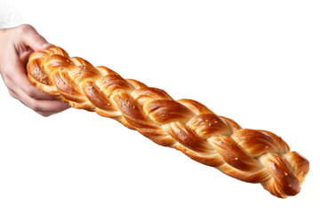 Person Holding Large Braid of Bread. On a White or Clear Surface PNG Transparent Background..