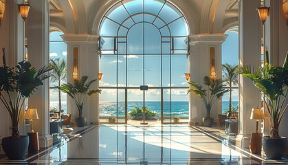 Grand hotel lobby with panoramic window and ocean view. Generative AI.