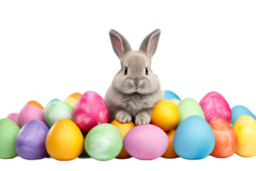 Fototapeta na wymiar Rabbit Sitting In Front of Eggs. On a White or Clear Surface PNG Transparent Background..