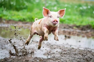 young pig jumping into a muddy spot