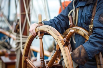 crew member steering wooden ship wheel - obrazy, fototapety, plakaty