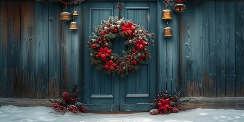 Jingle bells hung from the wreath on the full front door, ringing softly in the winter breeze - obrazy, fototapety, plakaty