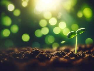 Sprout of green leafy plants growing from fertile soil on green background, environmental design concept