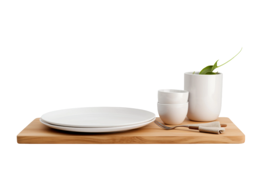 White Plate and Two Cups on Wooden Tray. On a White or Clear Surface PNG Transparent Background..