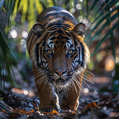 Endangered Sumatran tiger coming out of the jungle in a wildlife preserve in America  ai technology
