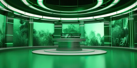 minimalistic design 3d virtual news studio. Announcer Table with night city background and...