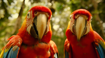 Zbliżenie na dwie czerwone papugi, siedzące obok siebie - obrazy, fototapety, plakaty