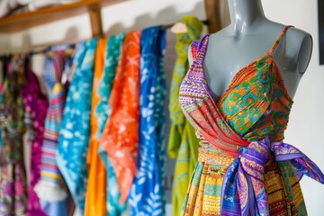 wrap summer dress on mannequin with colorful scarves - obrazy, fototapety, plakaty