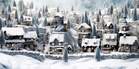Fototapeta na wymiar minimalistic design fairy tale Christmas village with snow, the extreme right third of an image,