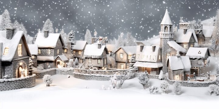 minimalistic design fairy tale Christmas village with snow, the extreme right third of an image,