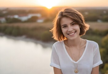Joyful Woman in Green Dress at Summer Sunset