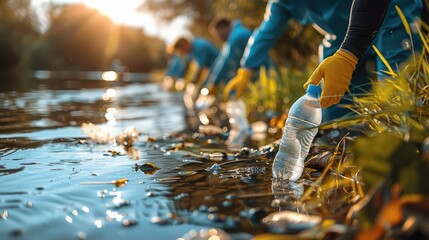 A group of people picking up trash from the grass near water, with one person holding plastic bottles and gloves in their hands, focused on cleaning the environment. Generative AI.