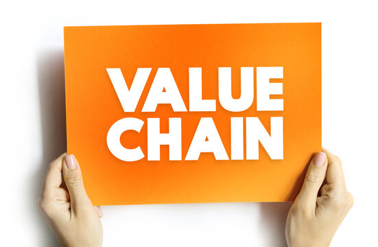 Value Chain - describing the full chain of a business's activities in the creation of a product or service, text concept on card for presentations and reports