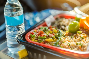 closeup of a tray with a healthy meal and a water bottle