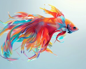 Fototapeta premium Gouache painted Siamese fighting fish in 3D illustration, dynamic and colorful, making a serene turn in crystalclear water