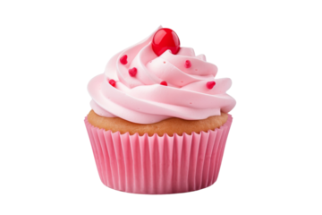 Pink Frosting Cupcake With Cherry on Top. On a White or Clear Surface PNG Transparent Background..