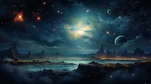 Infuse your artwork with the beauty of the cosmos, translating astronomical wonders into a captivating panoramic scene that sparks curiosity and appreciation for the mysteries of the universe