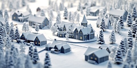 Fototapeta na wymiar minimalistic design fairy tale Christmas village with snow, the extreme right third of an image,