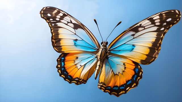 A stunning butterfly with vibrant blue, yellow, and orange wings gracefully soaring through a clear blue sky, its delicate form perfectly isolated against a transparent background.