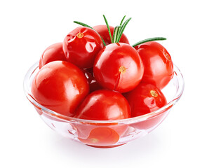 Glass bowl with pickled tomatoes isolated on white background. With clipping path.