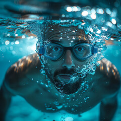 professional swimmer crawl underwater isolated blue background  ai technology