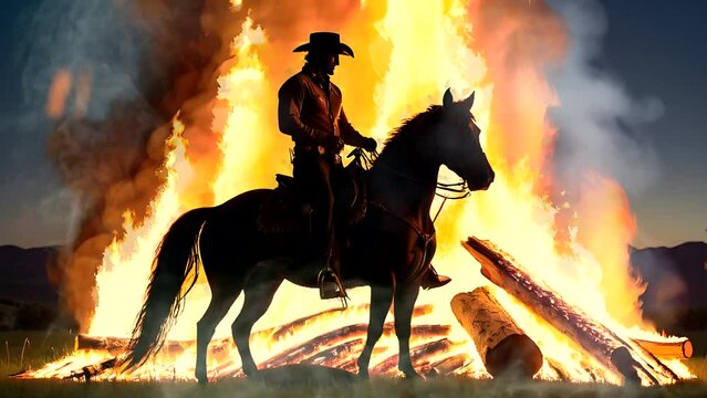 Cowboy with horse on flames background