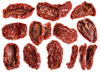 Sun dried tomatoes isolated on white background. Collection with clipping path.