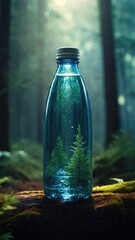 bottle of water, in the middle of the forest, the film light, panoramic shot
