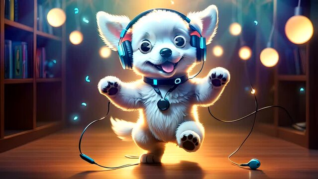 A puppy with headphones dancing 
