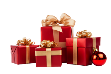 Group of Red Presents With Gold Ribbons and Bows. On a White or Clear Surface PNG Transparent Background..