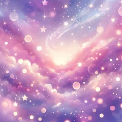 Gordijnen Holographic fantasy rainbow unicorn background with clouds and stars. Pastel color sky. Magical landscape, abstract fabulous pattern. Cute candy wallpaper. Vector. © Fabian