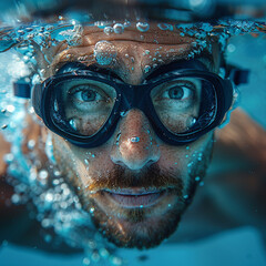 professional swimmer crawl underwater isolated blue background  ai technology