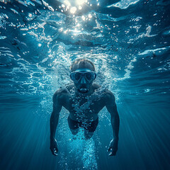 professional swimmer crawl underwater isolated blue background  ai technology - obrazy, fototapety, plakaty
