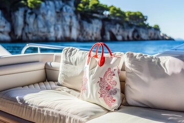 elegant beach bag on luxurious yacht sofa with a sea view