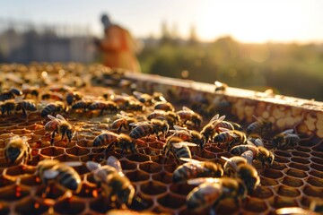 sunrise over apiary with active bees - obrazy, fototapety, plakaty