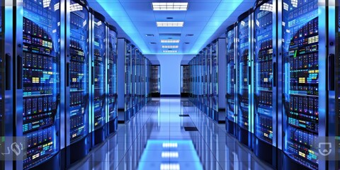 Server racks in computer network security server room data center.