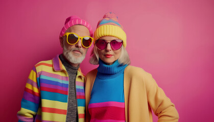 A man and woman wearing colorful clothing and sunglasses pose for a photo. They both have colorful hats on. The photo has a fun and playful mood.