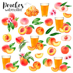Watercolor illustration of peaches set close up. A large set with different peach varieties. Design template for packaging, menu, postcards. PNG