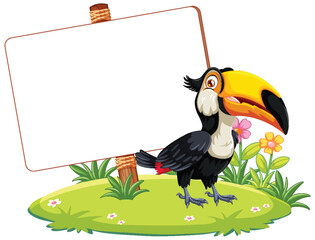 Fototapeta premium Colorful toucan beside a blank sign on grass.